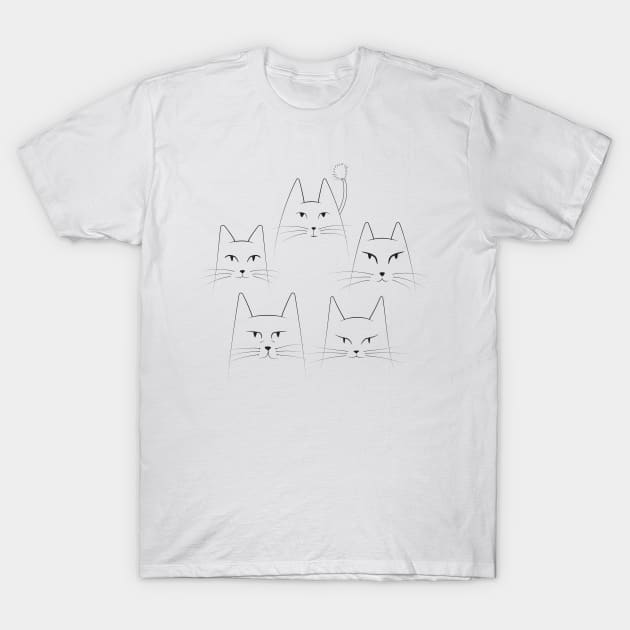 Five line art cats portrait T-Shirt by diplikaya